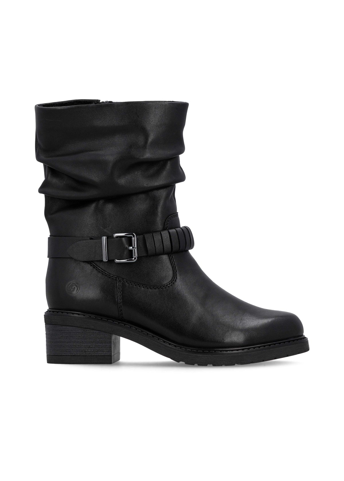 Talvisaapikkaat tolppakorolla - musta nahka, rypytetty varsi, remmikoriste