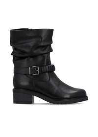 Talvisaapikkaat tolppakorolla - musta nahka, rypytetty varsi, remmikoriste