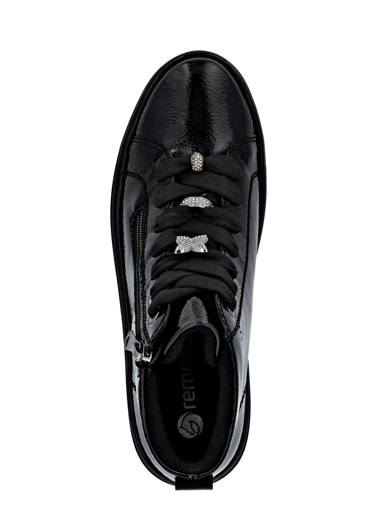 Varrelliset tennarit paksulla pohjalla - musta kiiltonahka, musta pohja