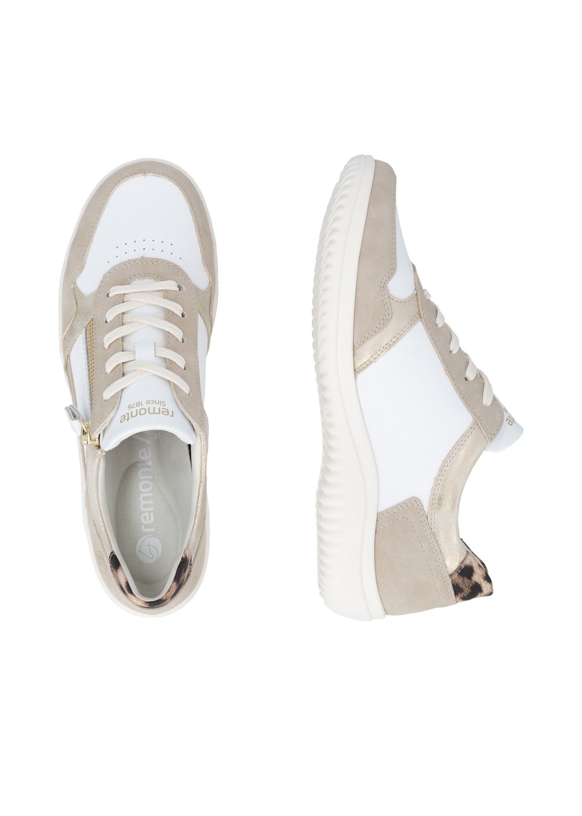 Nauhalliset kävelykengät - valko-beige nahka, leopardiyksityiskohdat