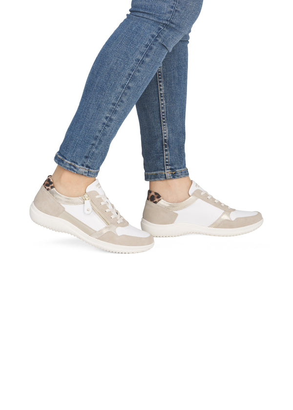 Promenadskor - vit-beige läder, leoparddetaljer