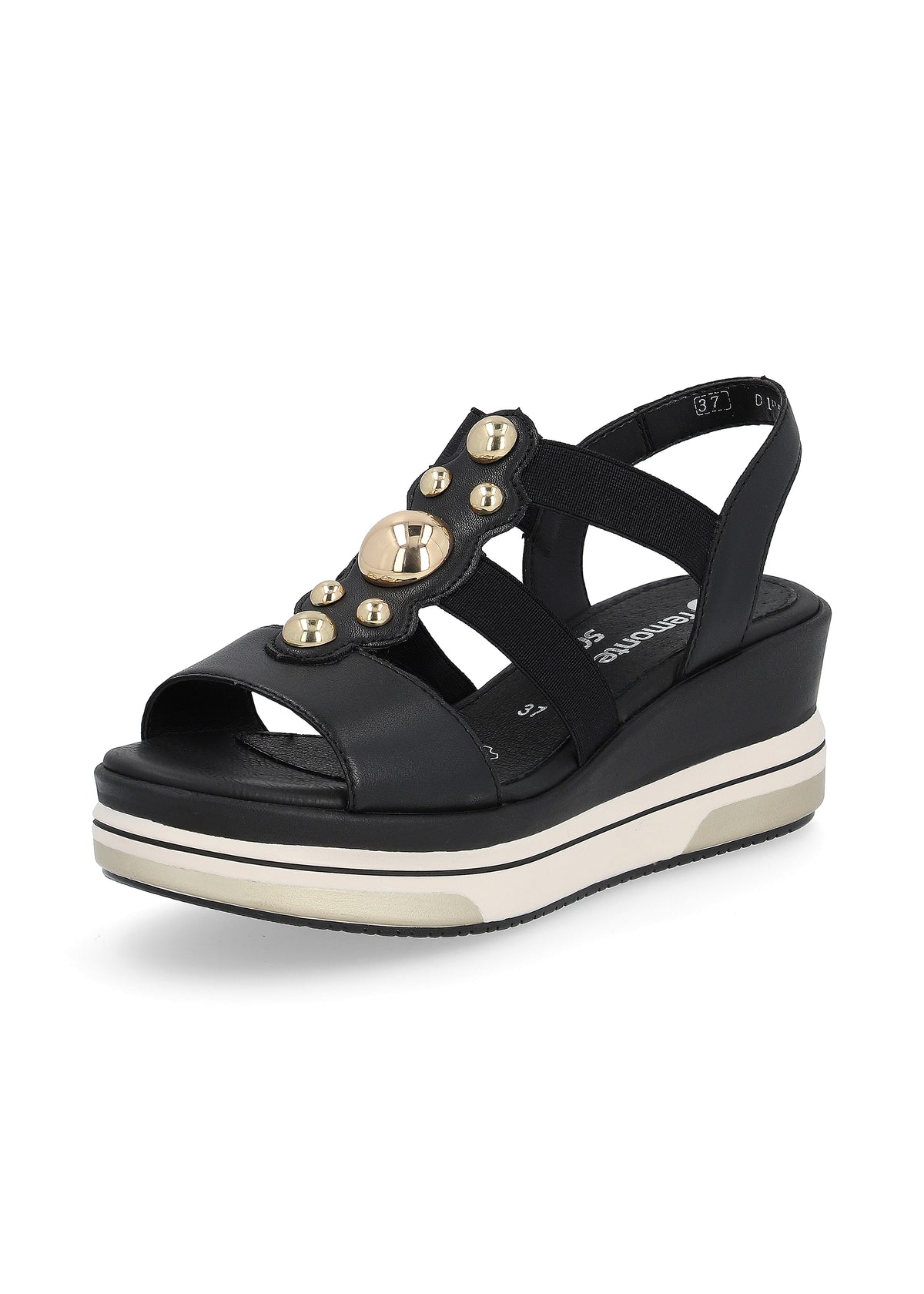 Sandals with a wedge sole - black, gold decorations