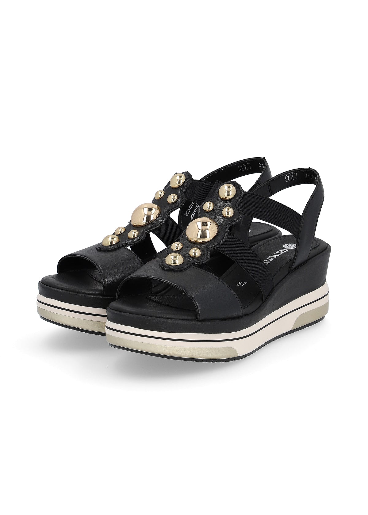 Sandaler med kilsula - svarta, gulddekorationer