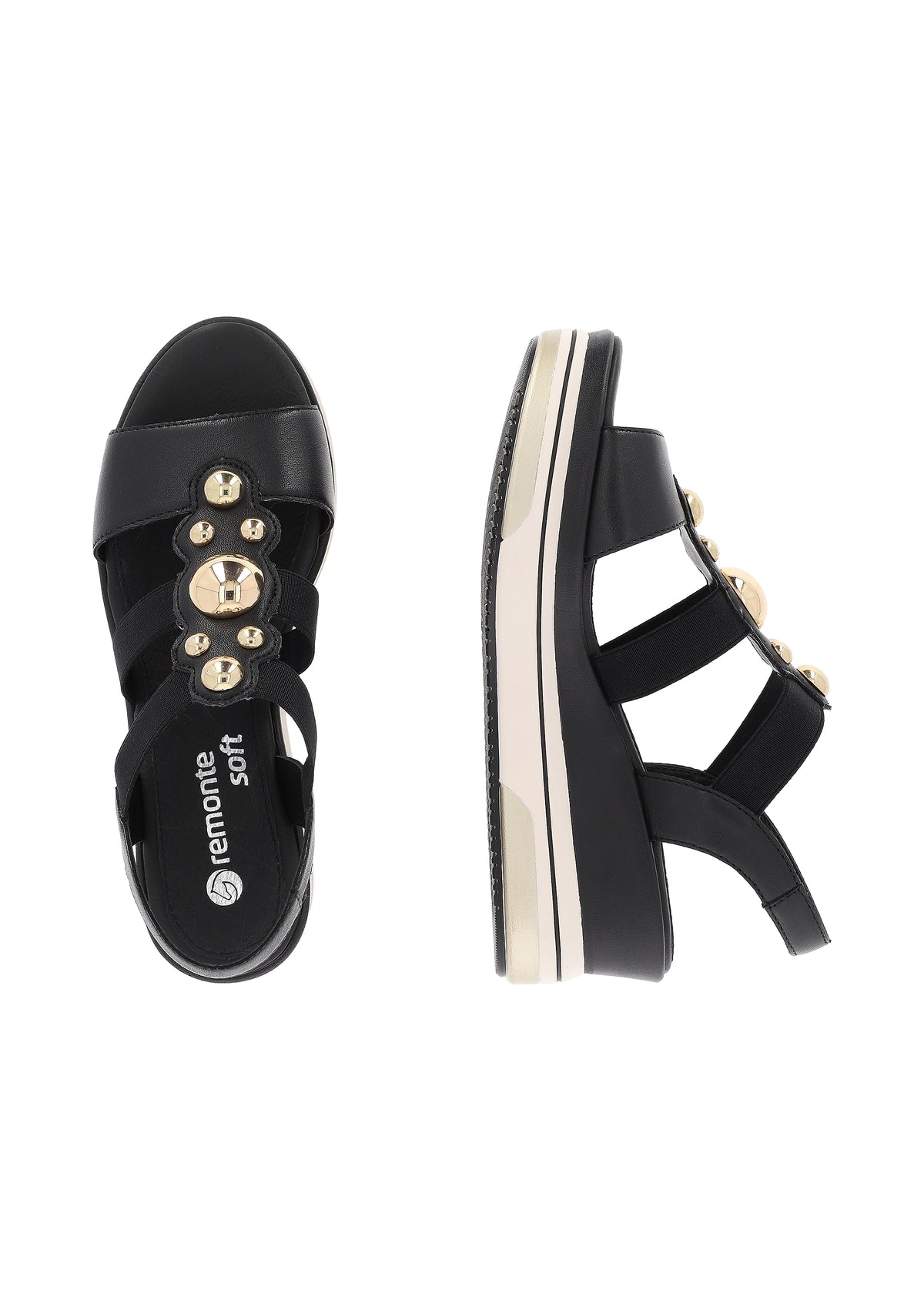 Sandals with a wedge sole - black, gold decorations