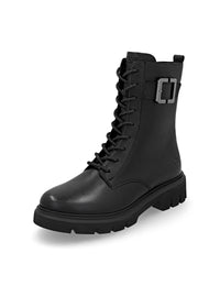 Ankle boots - black leather, buckle decoration on the shaft, sparkling laces