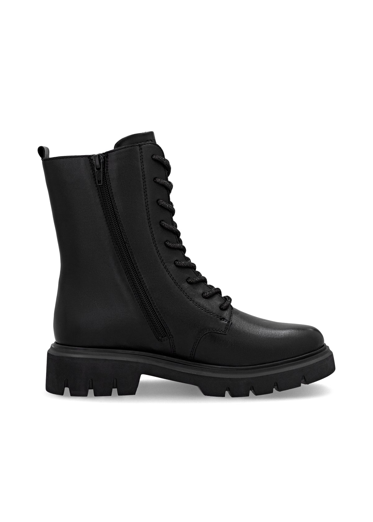 Ankle boots - black leather, buckle decoration on the shaft, sparkling laces
