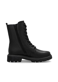 Ankle boots - black leather, buckle decoration on the shaft, sparkling laces