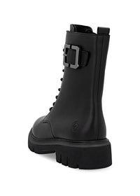 Ankle boots - black leather, buckle decoration on the shaft, sparkling laces