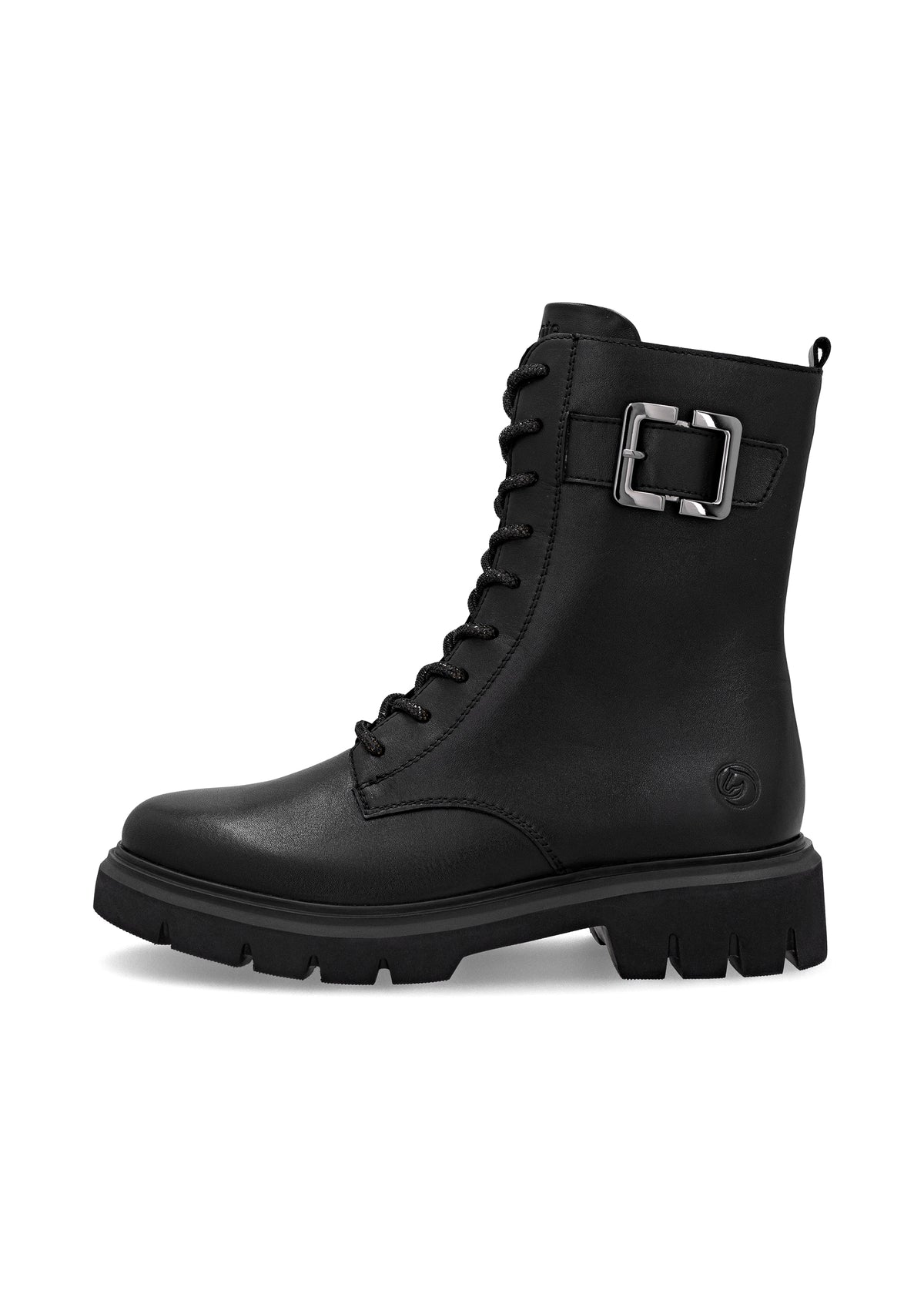 Ankle boots - black leather, buckle decoration on the shaft, sparkling laces