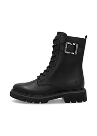 Ankle boots - black leather, buckle decoration on the shaft, sparkling laces