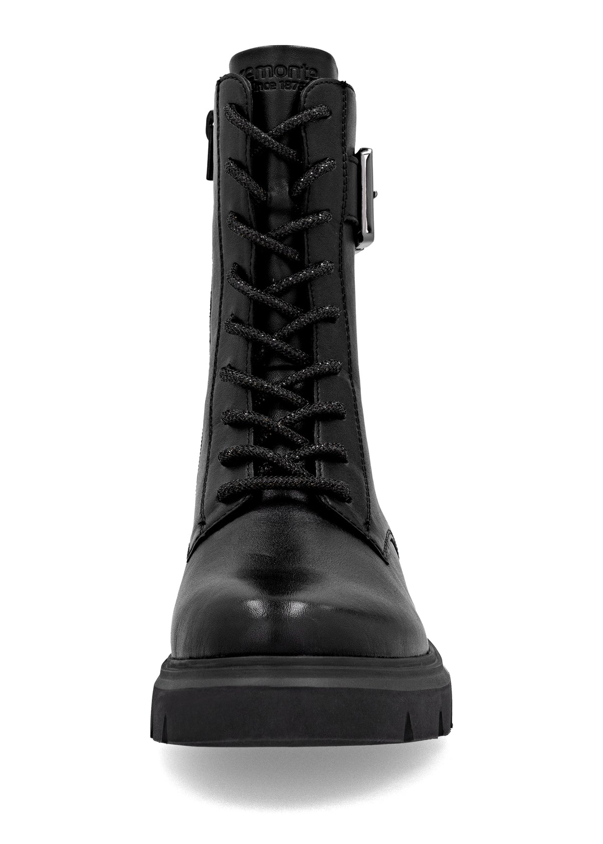 Ankle boots - black leather, buckle decoration on the shaft, sparkling laces