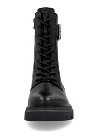 Ankle boots - black leather, buckle decoration on the shaft, sparkling laces