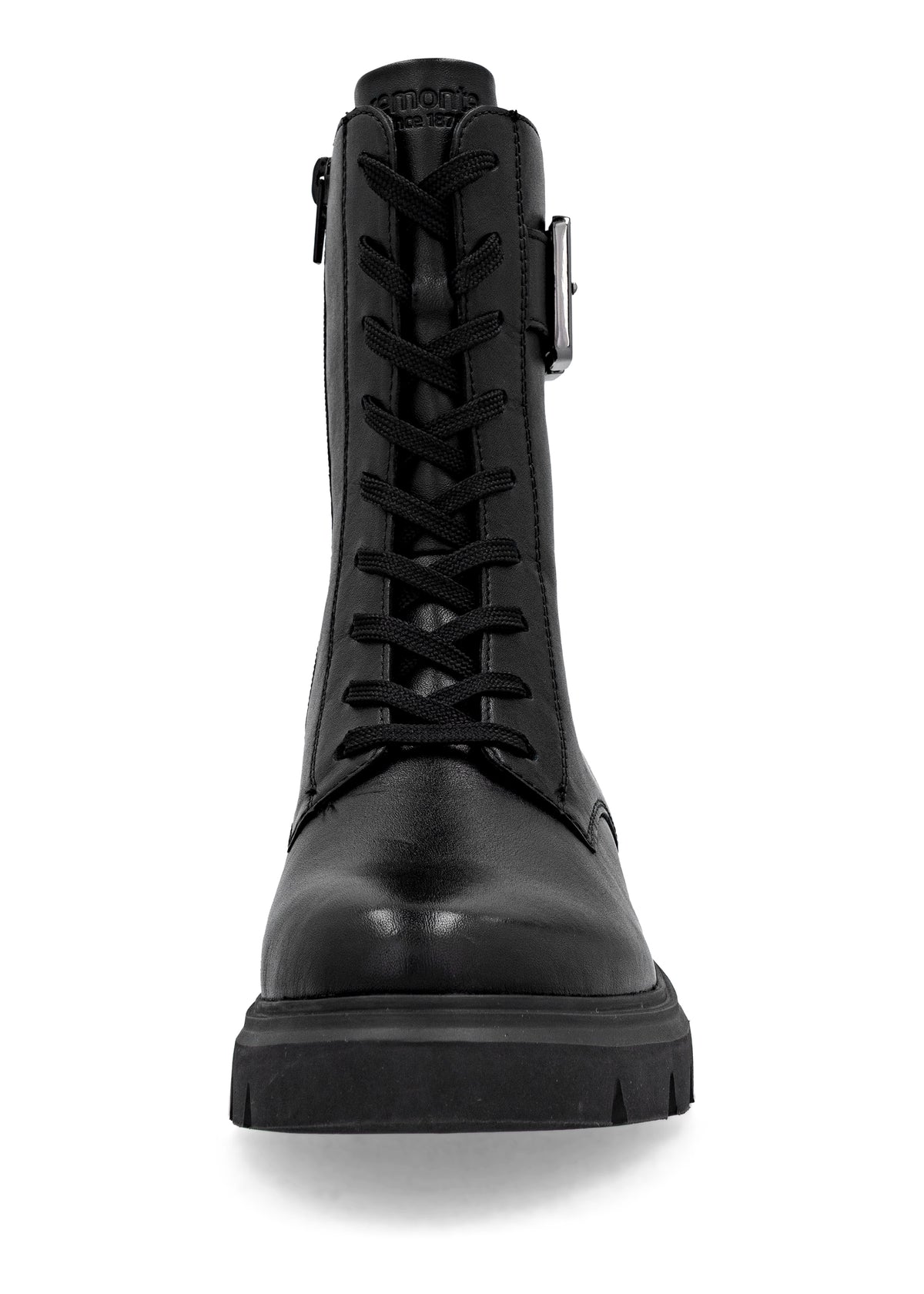 Ankle boots - black leather, buckle decoration on the shaft, sparkling laces