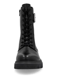 Ankle boots - black leather, buckle decoration on the shaft, sparkling laces