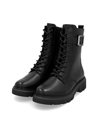Ankle boots - black leather, buckle decoration on the shaft, sparkling laces