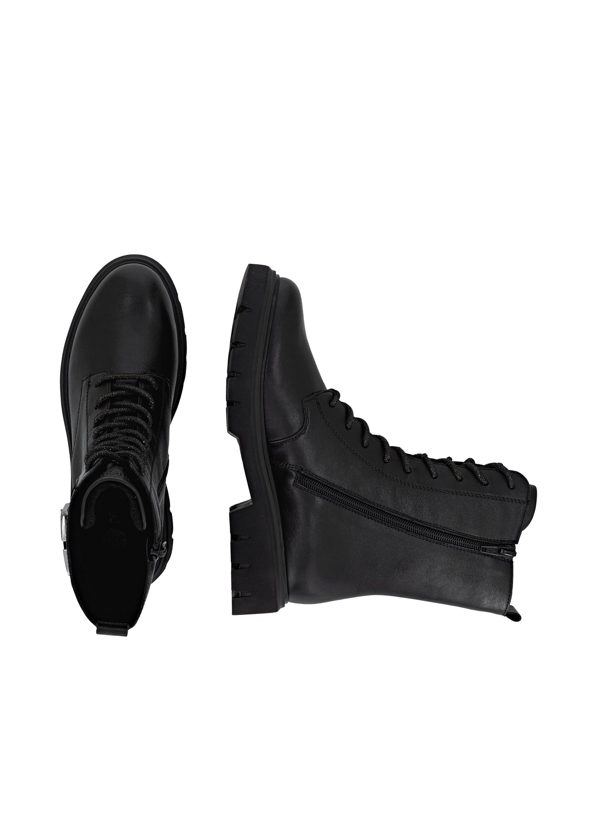 Ankle boots - black leather, buckle decoration on the shaft, sparkling laces