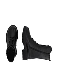 Ankle boots - black leather, buckle decoration on the shaft, sparkling laces