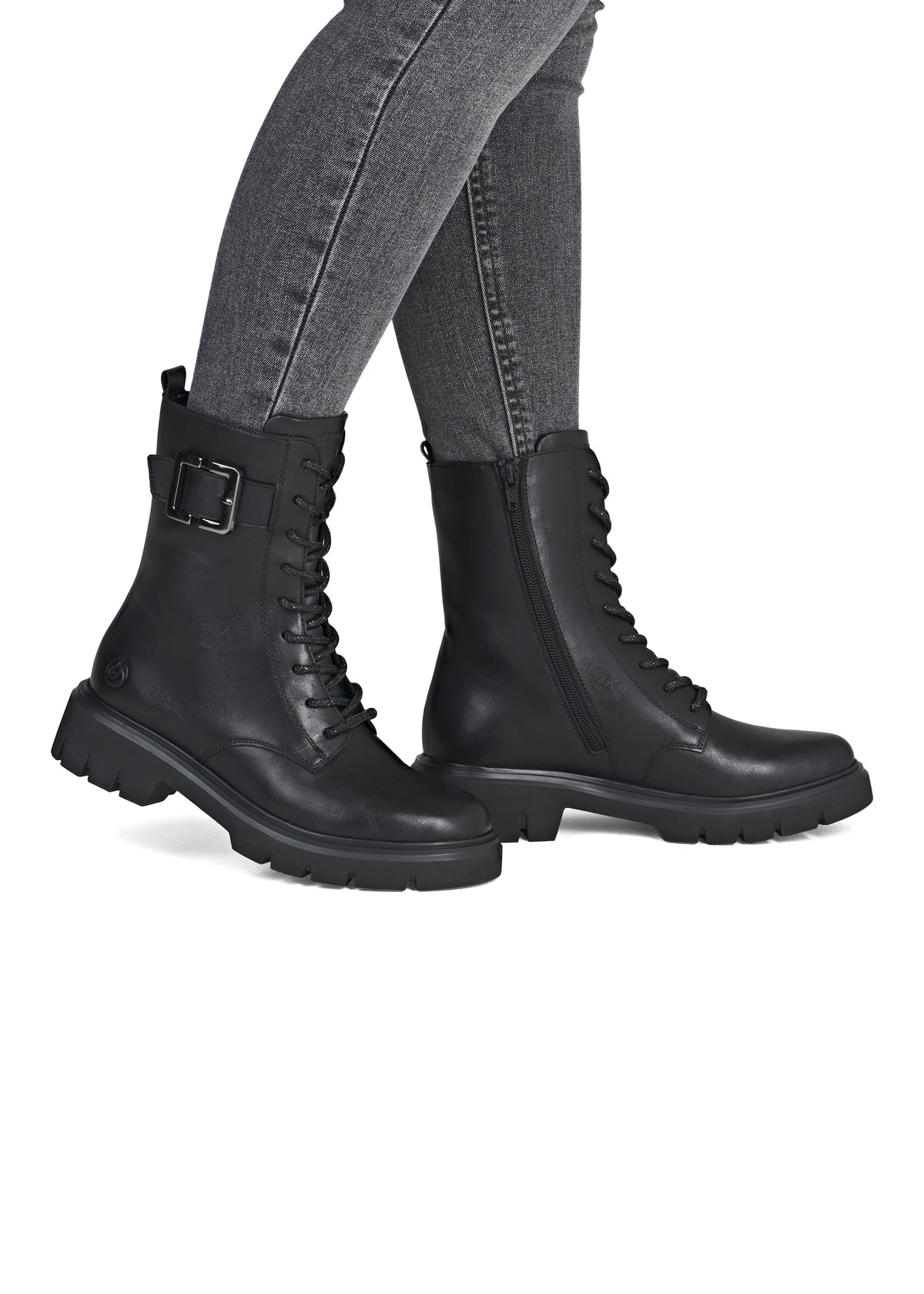 Ankle boots - black leather, buckle decoration on the shaft, sparkling laces