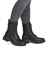 Ankle boots - black leather, buckle decoration on the shaft, sparkling laces