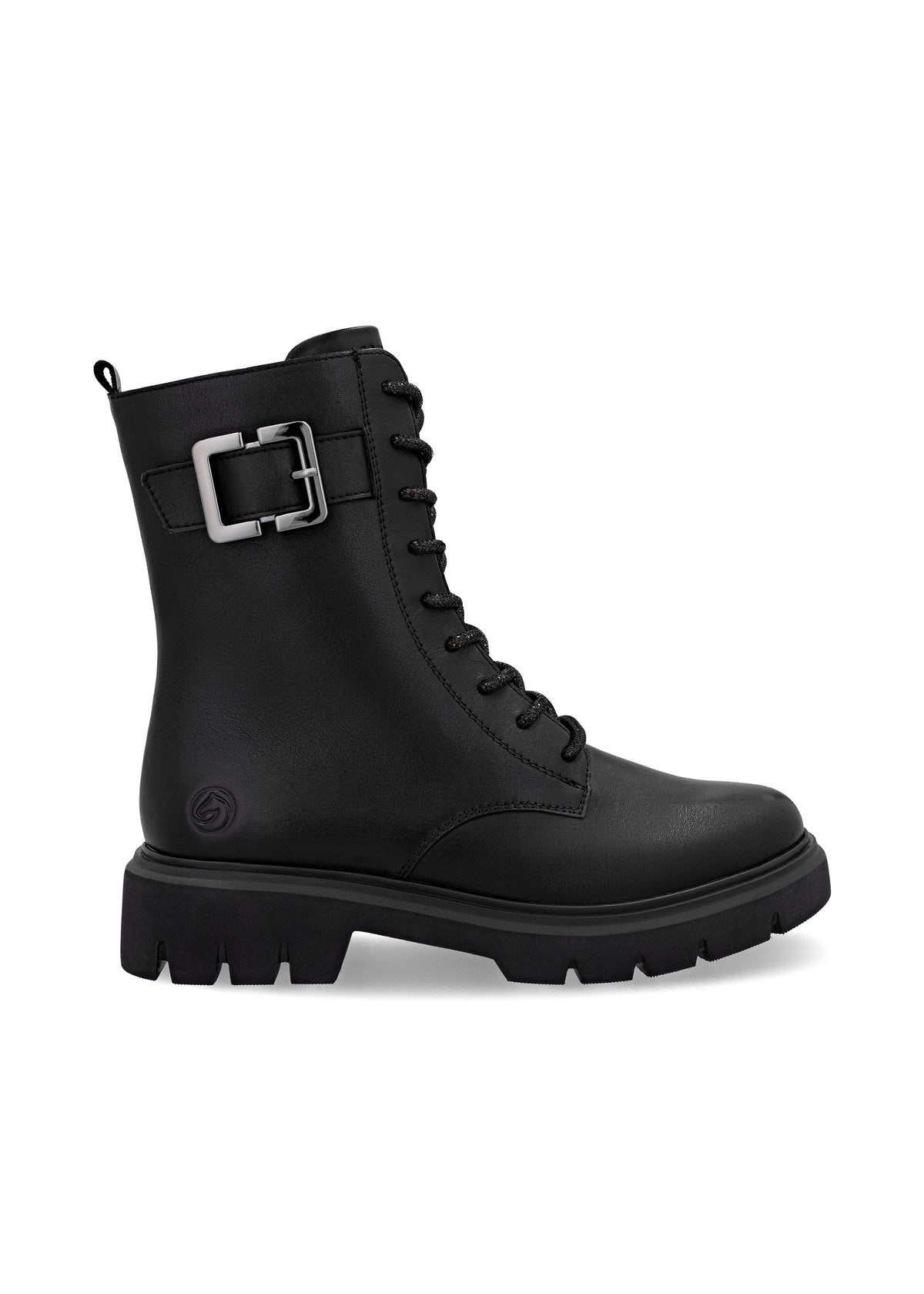 Ankle boots - black leather, buckle decoration on the shaft, sparkling laces
