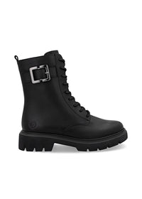 Ankle boots - black leather, buckle decoration on the shaft, sparkling laces
