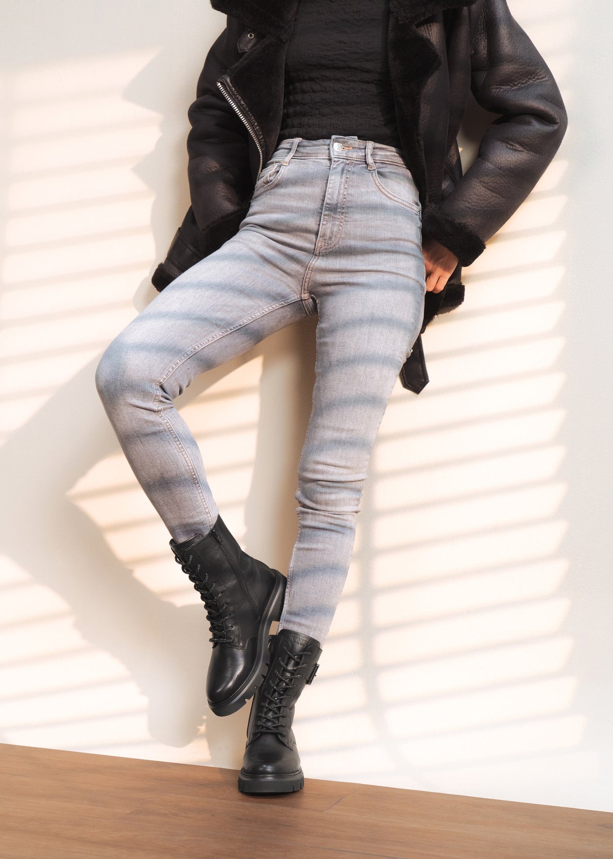 Ankle boots - black leather, buckle decoration on the shaft, sparkling laces