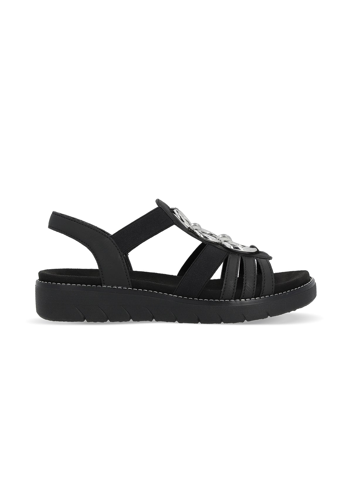 Sandals with elastic straps - black, silver decorations, vegan