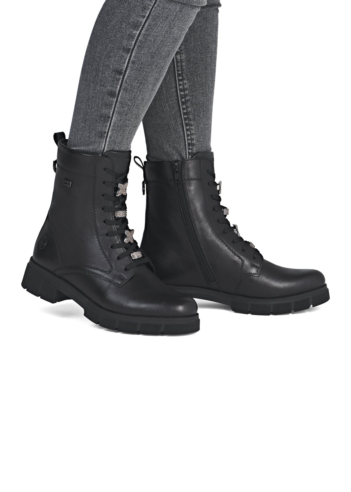 Maiharit - musta nahka, timanttikoristeet nauhoissa, Remonte-TEX