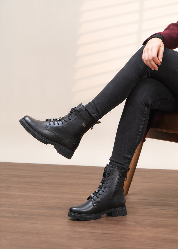 Ankle boots - black leather, diamond decorations on laces, Remonte-TEX