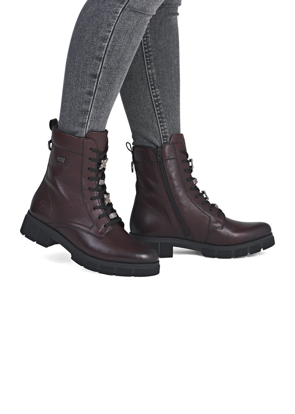 Ankelstövlar - mörkröd läder, diamantprydnader på snörena, Remonte-TEX