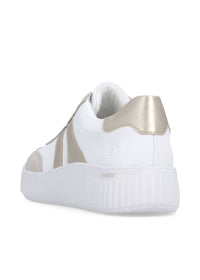 Sneakers - vit läder, beige och gulddetaljer, vit sula