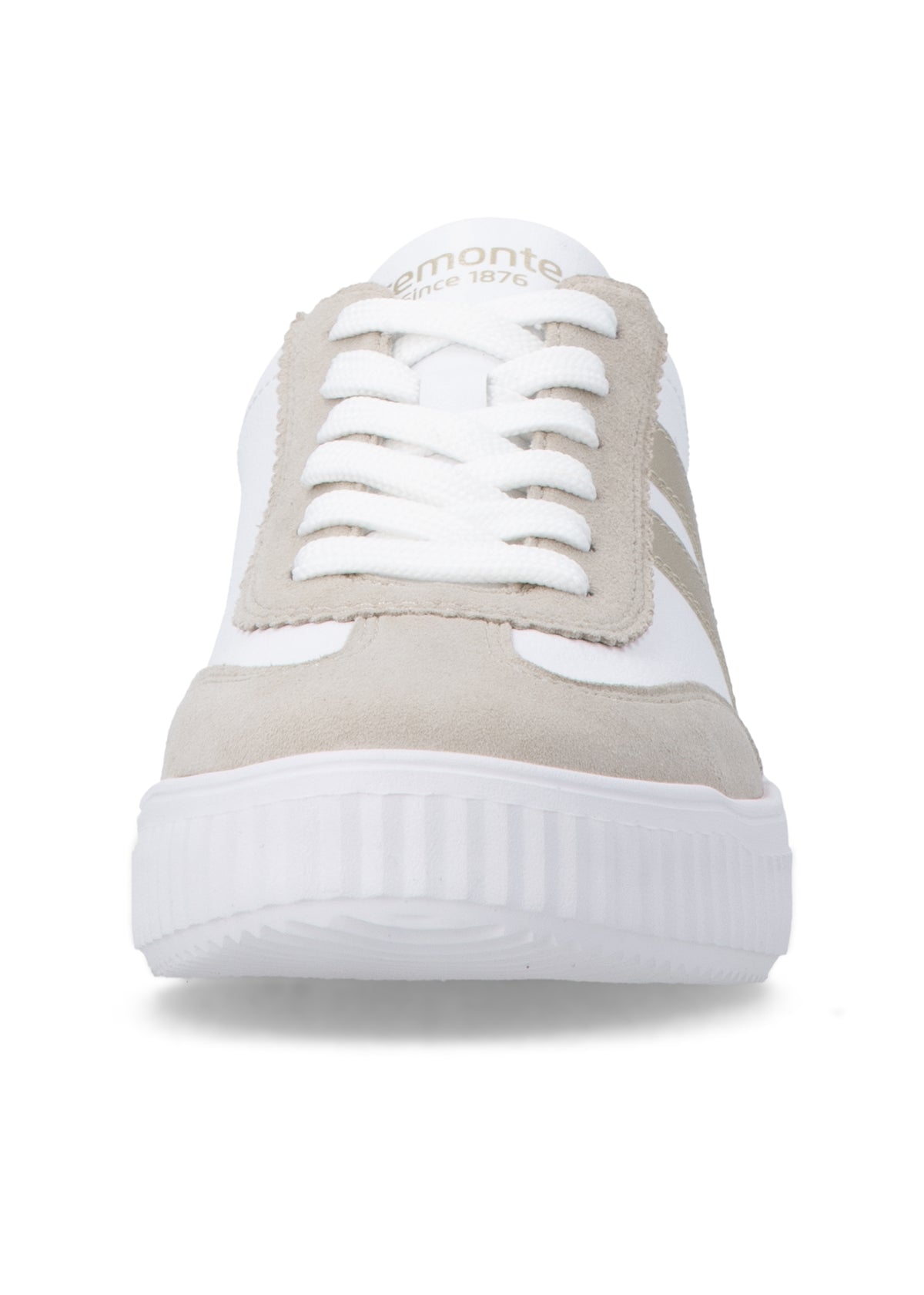 Sneakers - vit läder, beige och gulddetaljer, vit sula