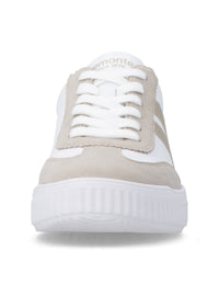 Sneakers - vit läder, beige och gulddetaljer, vit sula