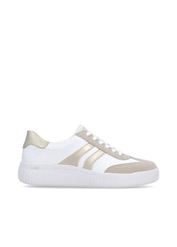 Sneakers - vit läder, beige och gulddetaljer, vit sula