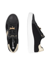 Sneakers med fjärilsdekoration - svart läder, gulddetaljer, vit sula