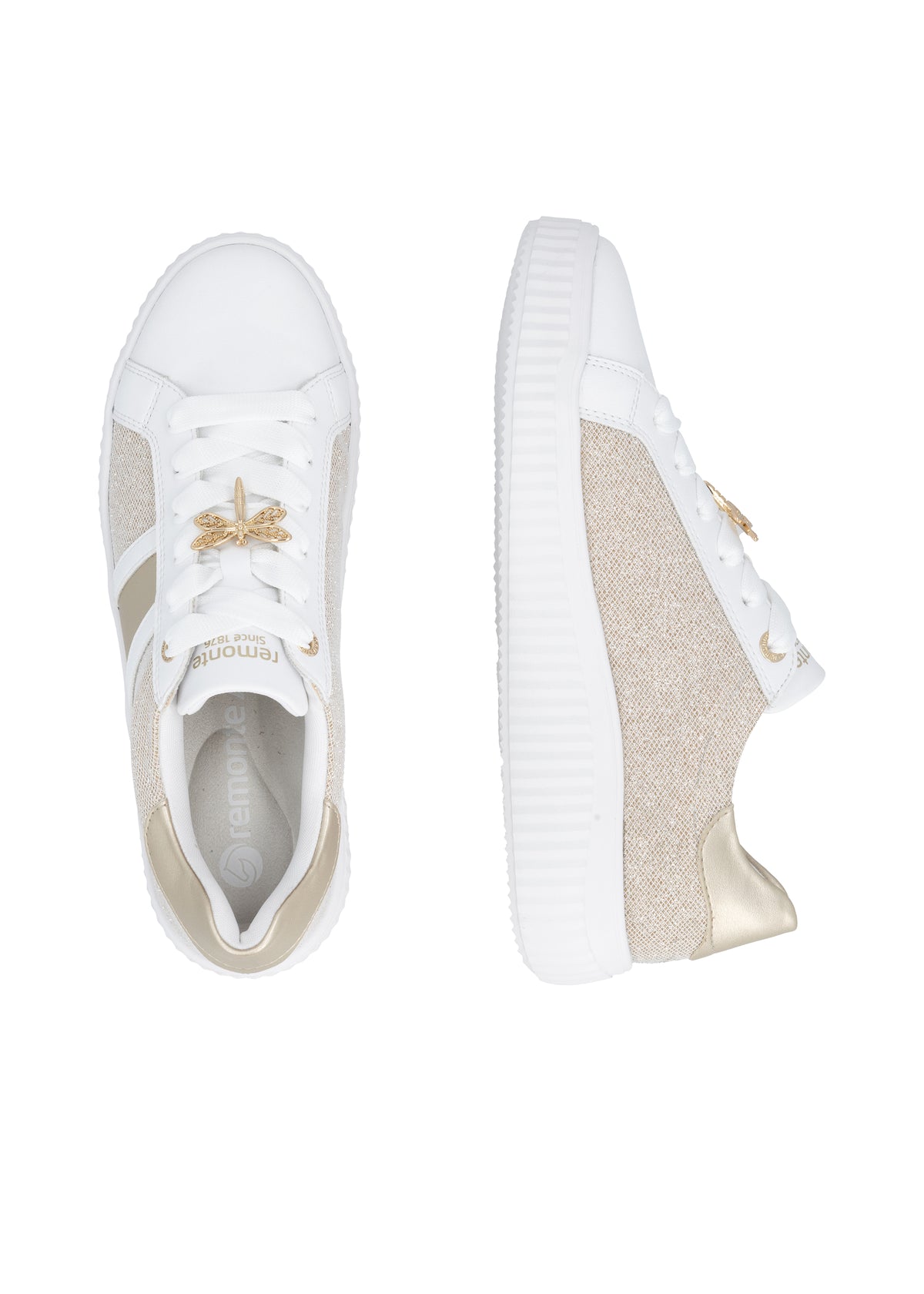 Tennarit perhoskoristeella - valkoinen nahka, kultaiset yksityiskohdat, valkoinen pohja