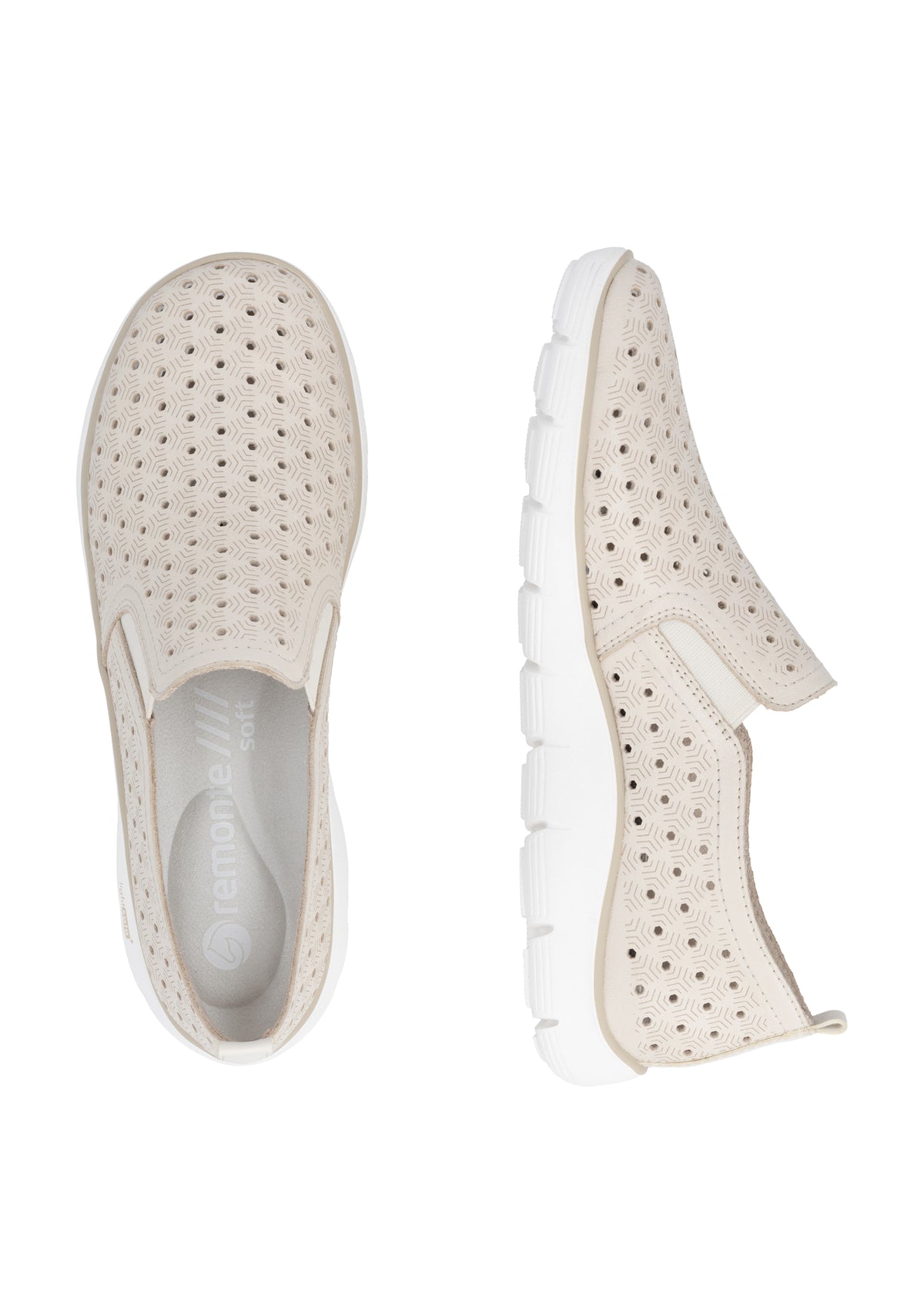 Slip-on walking shoes - beige leather, perforated pattern