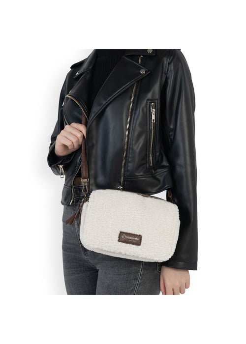 Naisten pieni olkalaukku - valkoinen teddykarva