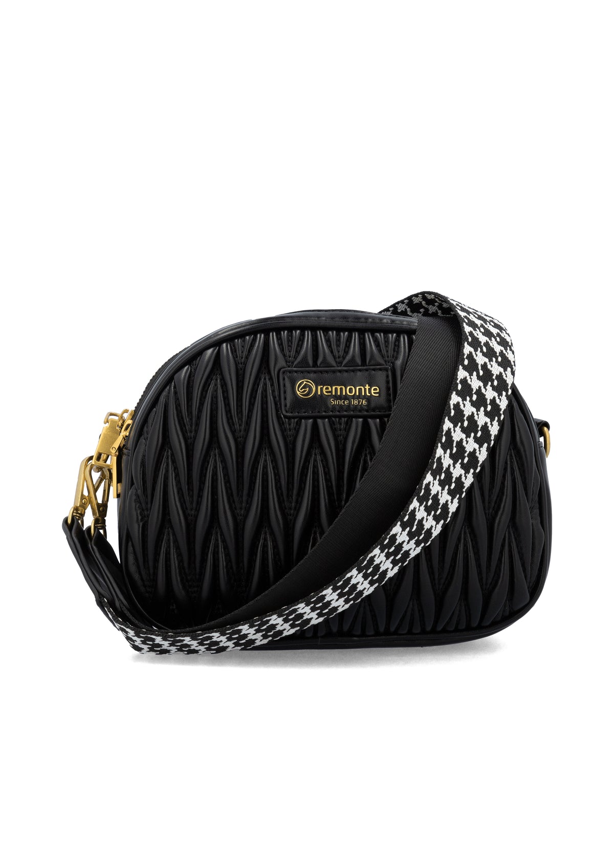 Naisten pieni olkalaukku - musta, musta-valkokuvioinen olkahihna