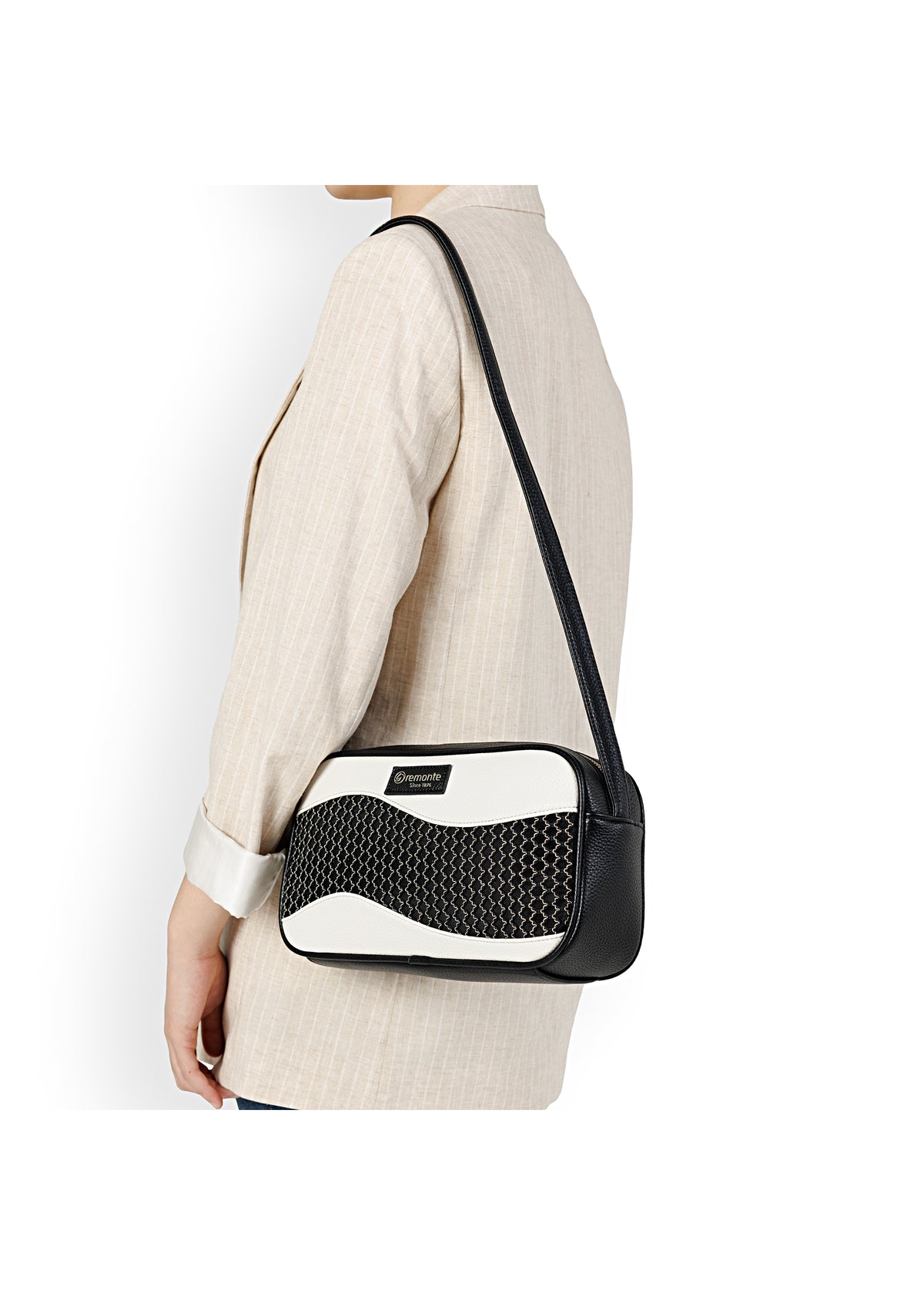 Naisten olkalaukku - valko-musta, säädettävä olkahihna