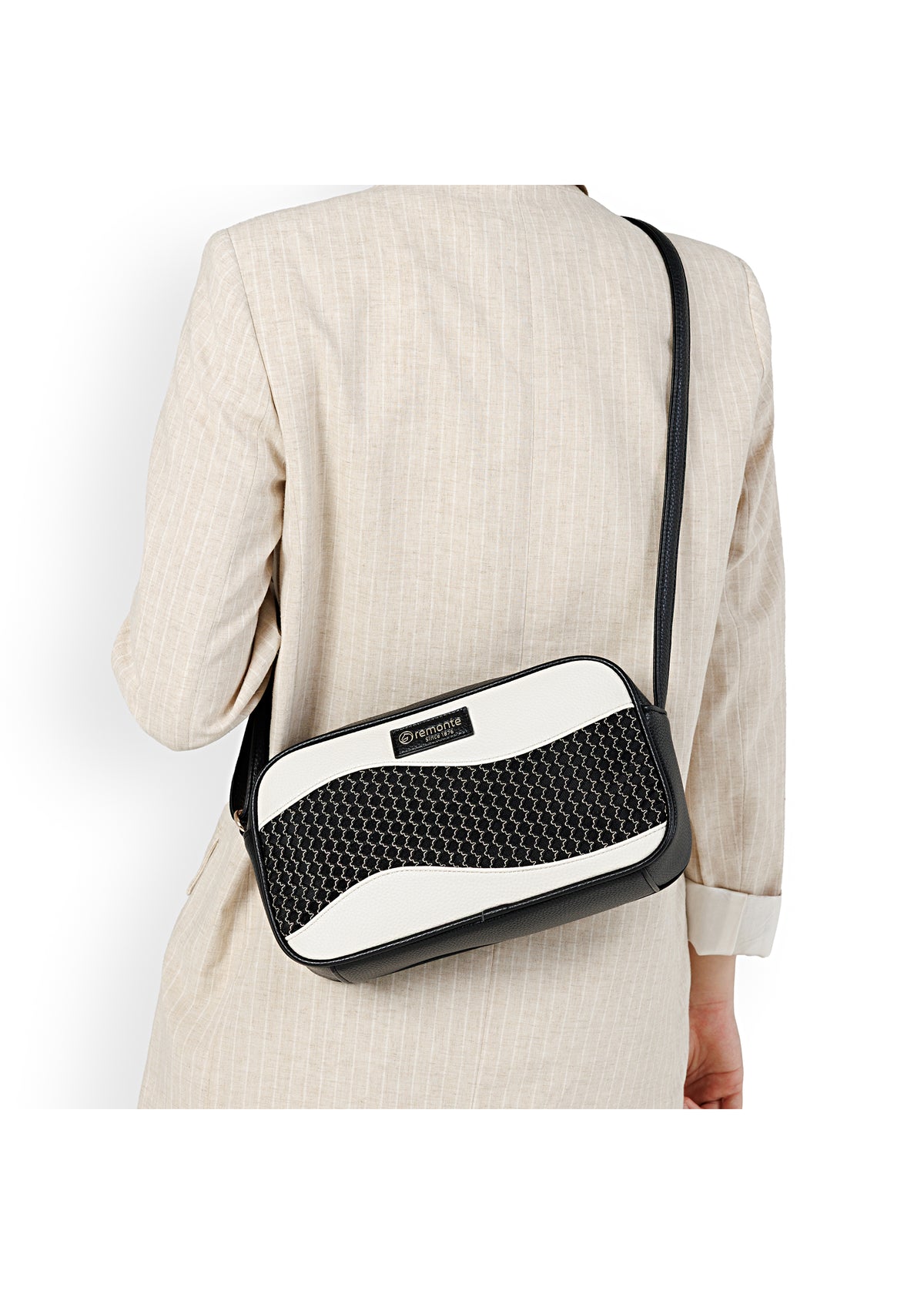 Naisten olkalaukku - valko-musta, säädettävä olkahihna