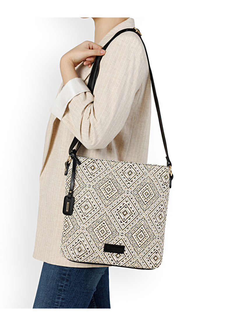 Naisten olkalaukku - vaalea kuvioitu tekstiili