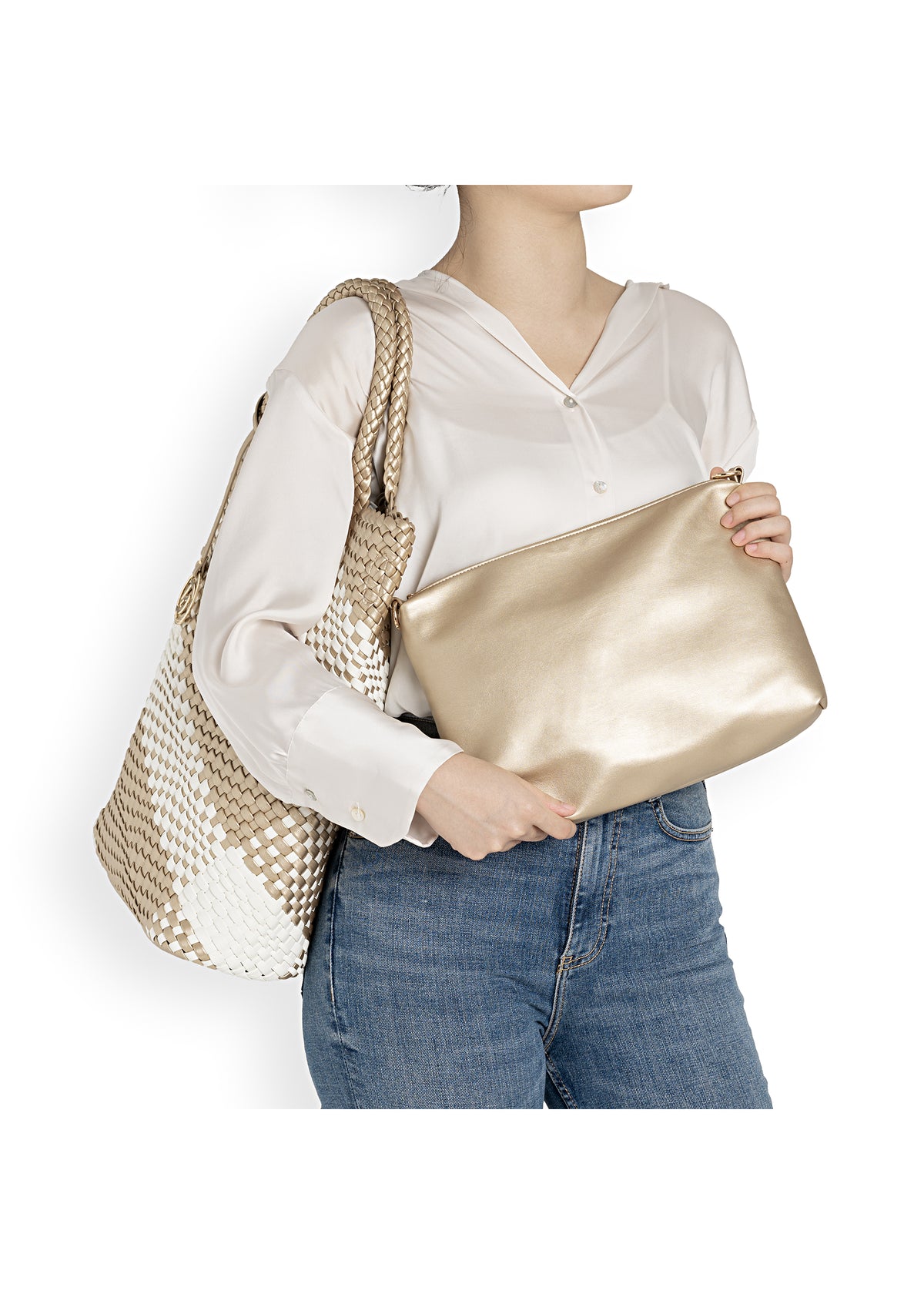 Naisten käsilaukku - kulta-valkoinen punos