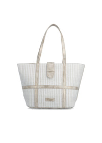 Naisten käsilaukku - valkoinen punos, hohtavan platinansävyiset yksityiskohdat