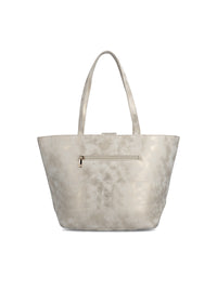 Naisten käsilaukku - valkoinen punos, hohtavan platinansävyiset yksityiskohdat