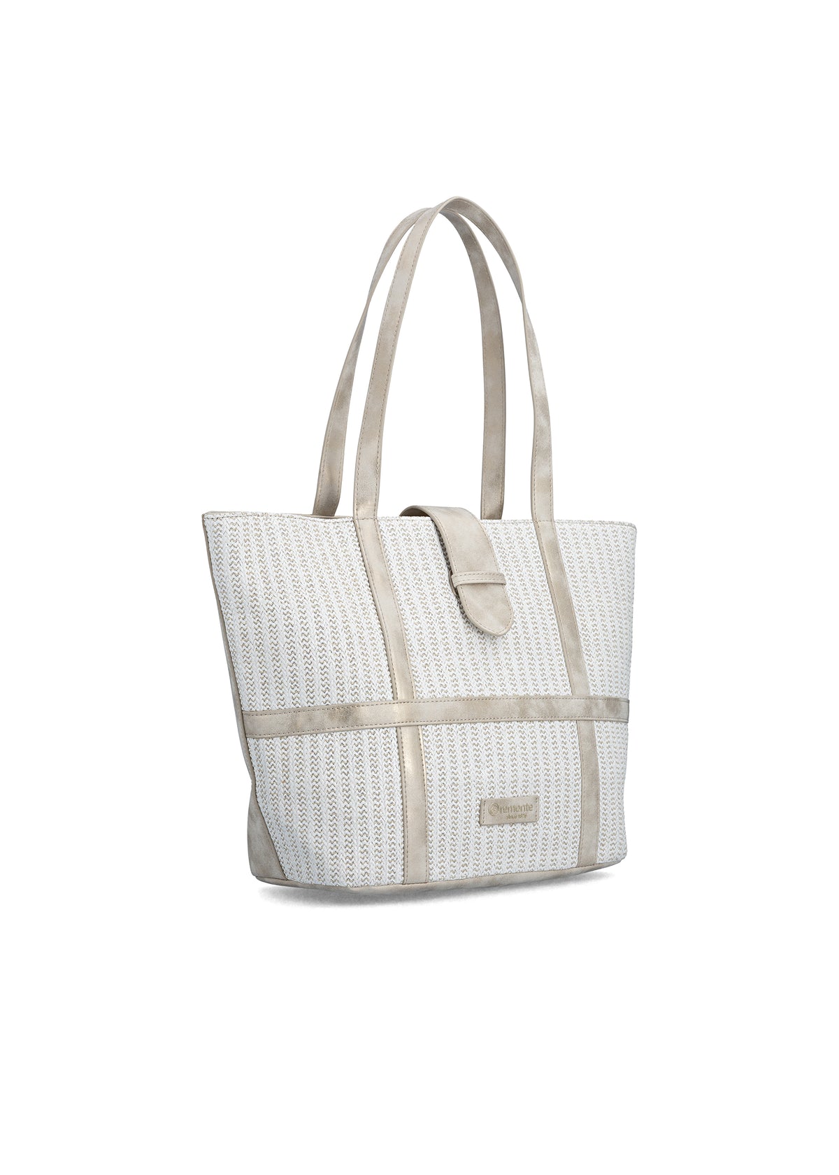 Naisten käsilaukku - valkoinen punos, hohtavan platinansävyiset yksityiskohdat