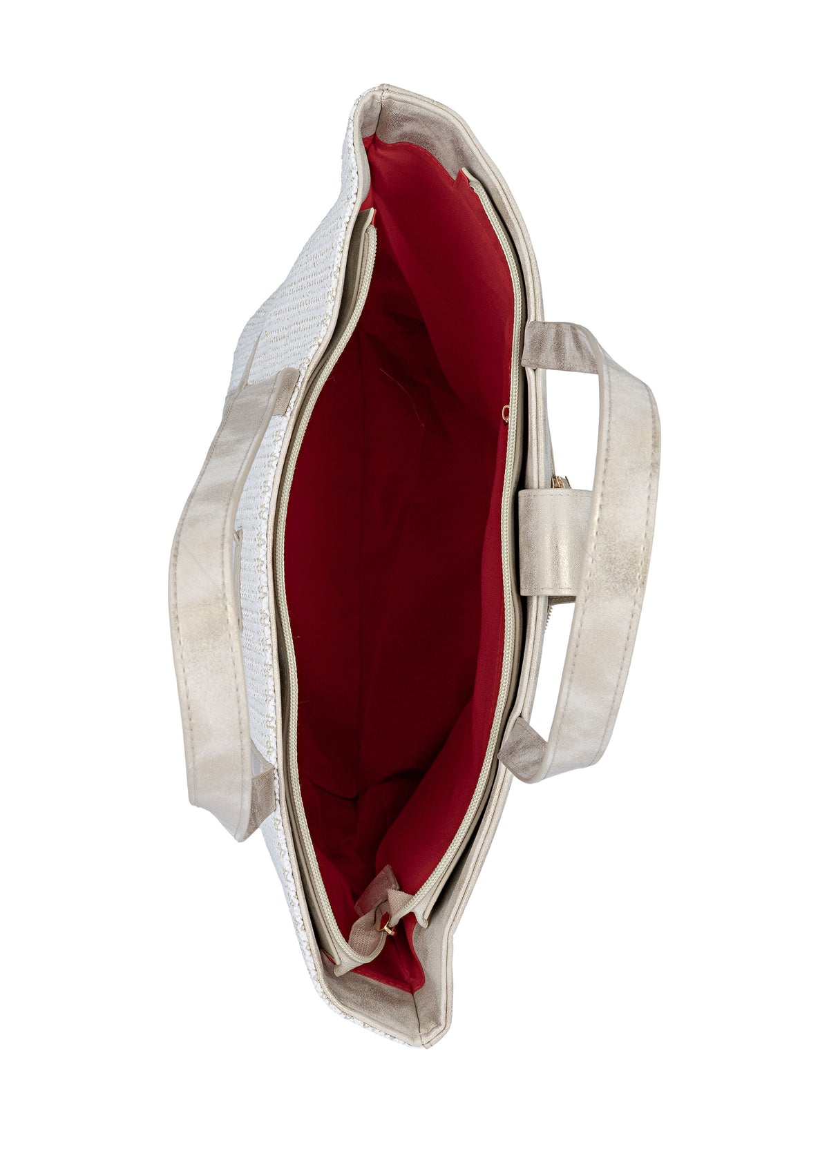 Naisten käsilaukku - valkoinen punos, hohtavan platinansävyiset yksityiskohdat