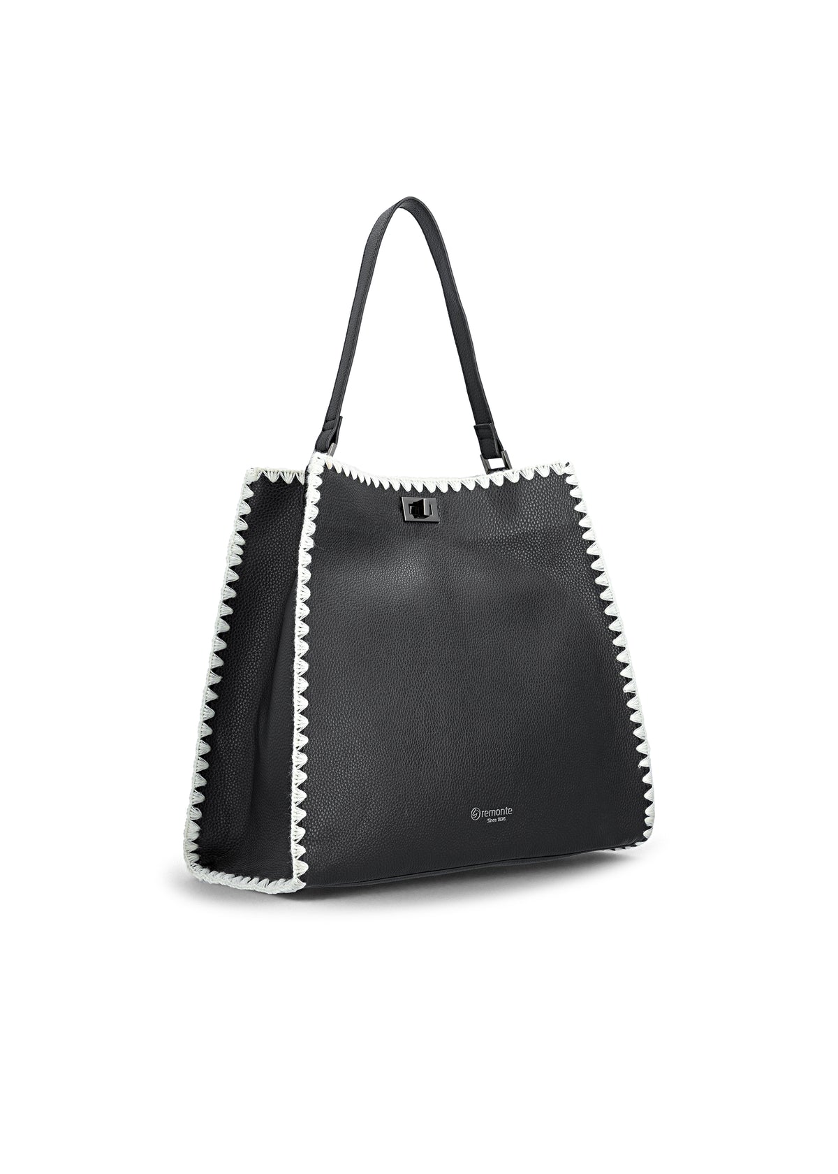 Naisten käsilaukku - musta, valkoiset virkatut reunukset