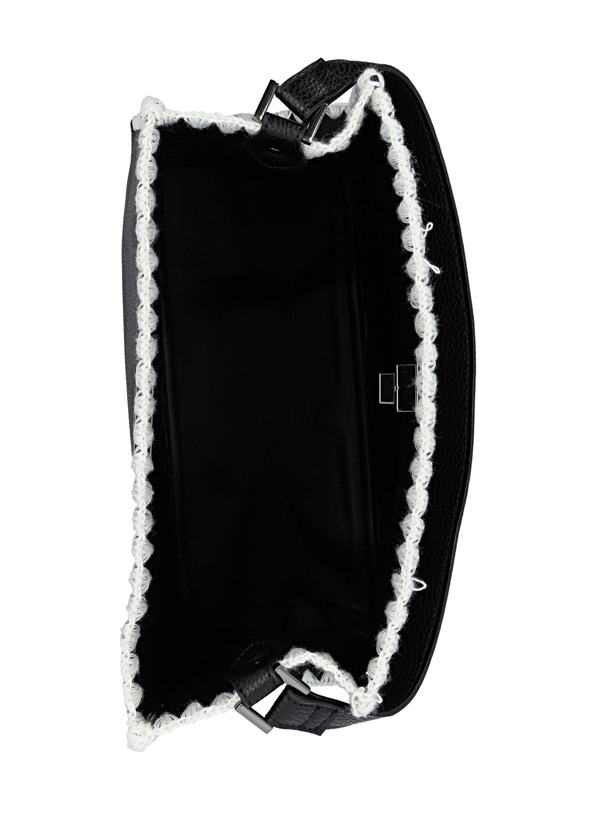 Naisten käsilaukku - musta, valkoiset virkatut reunukset