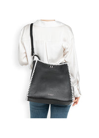 Naisten käsilaukku - musta, valkoiset virkatut reunukset